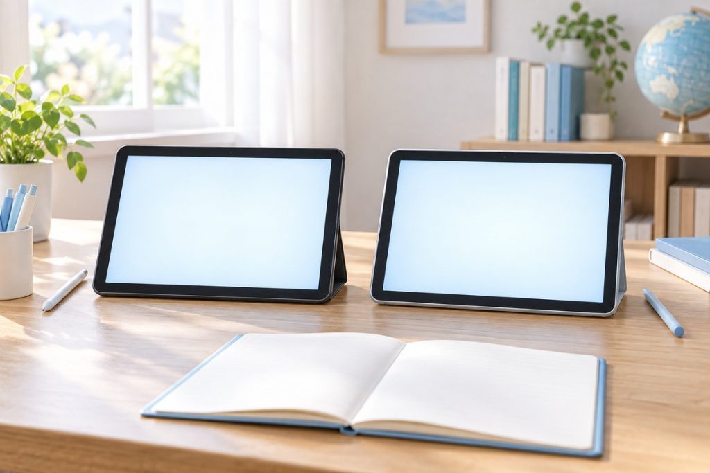 勉強机に並ぶ二台の学習用タブレット